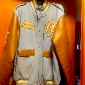 Pelle Pelle 3XL Varsity Jacket faux leather and wool blue and carmel colored.